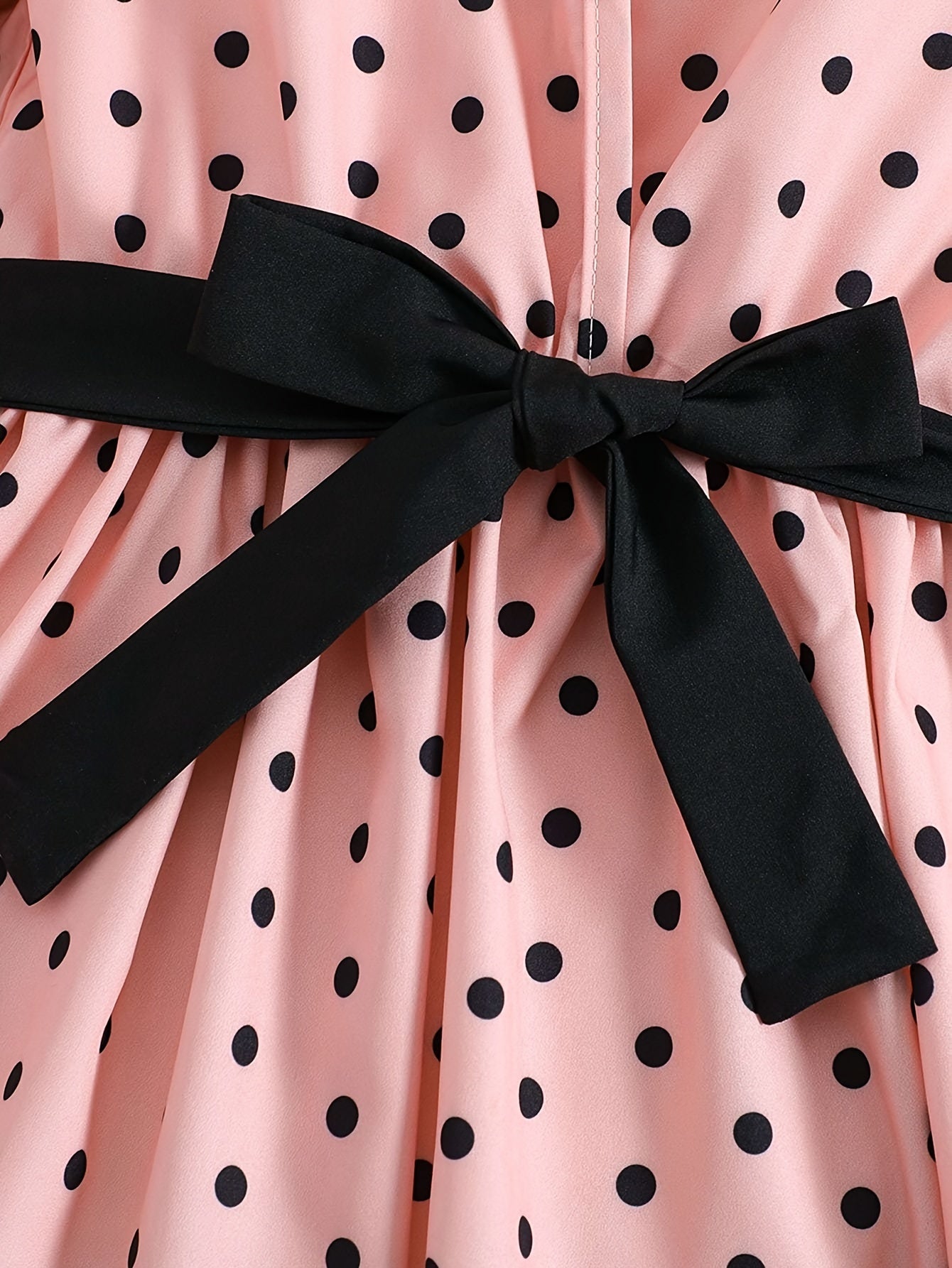 Pink Polka Dot Puff Sleeve Top with Bow Belt & Black Elastic Waist Long Pants