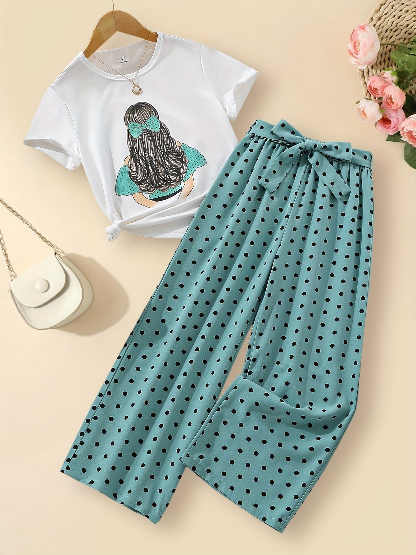 2pcs, Portrait Graphic Crew Neck T-shirt + Dot Print Pants With Belt