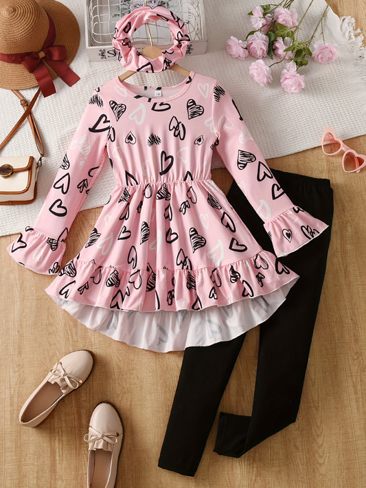 Girls' 2pcs Set with Printed Casual Contrast Fish Tail Skirt Top + Slimming Pants