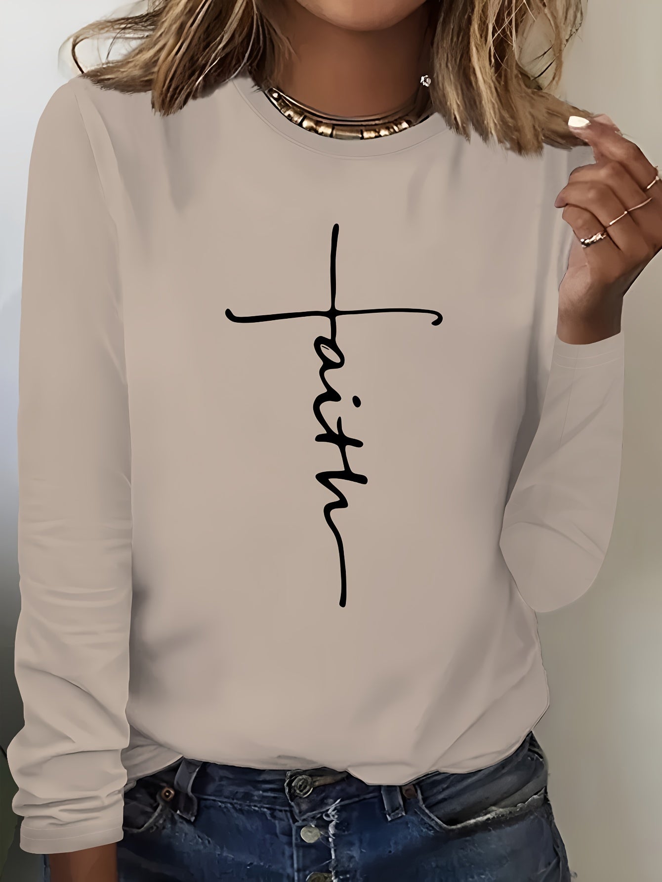 Faith Print Long Sleeve Crew Neck T-Shirt