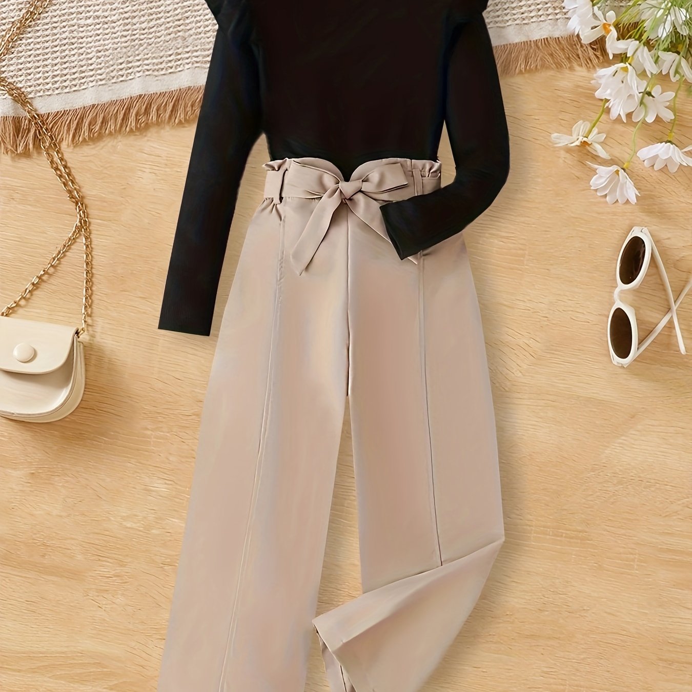 1 Set Long-Sleeve Ruffled Pullover Top + Straight Pants