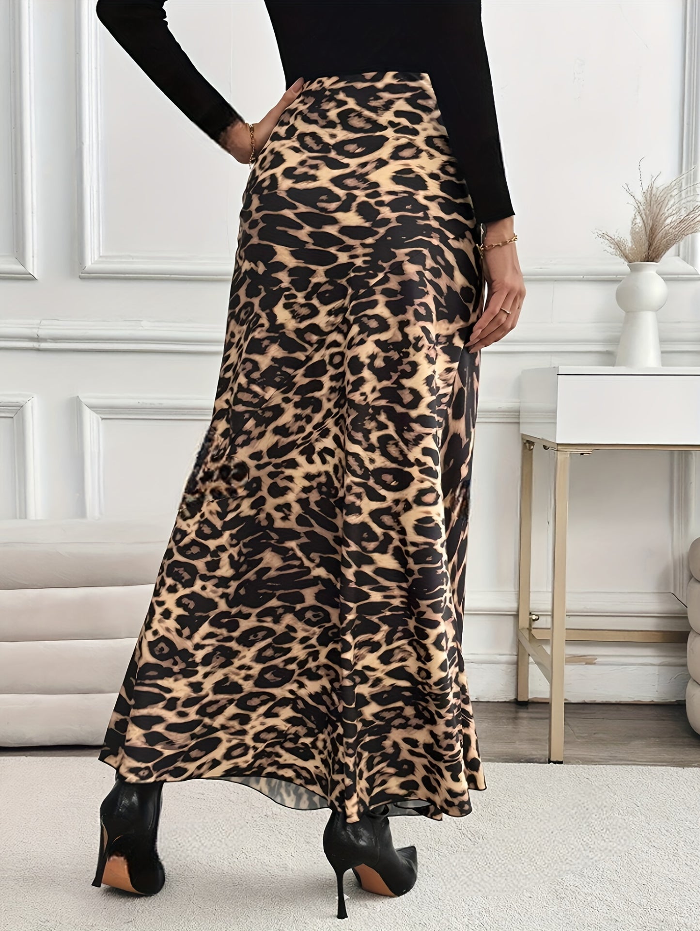 Elegant Leopard Print Midi Skirt for Women - High Waist