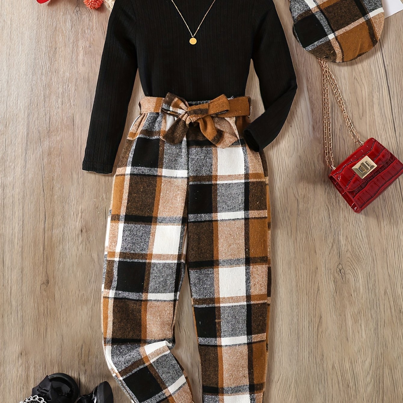 Solid Rib-knit Long Sleeve Top Pullover + Plaid Trousers