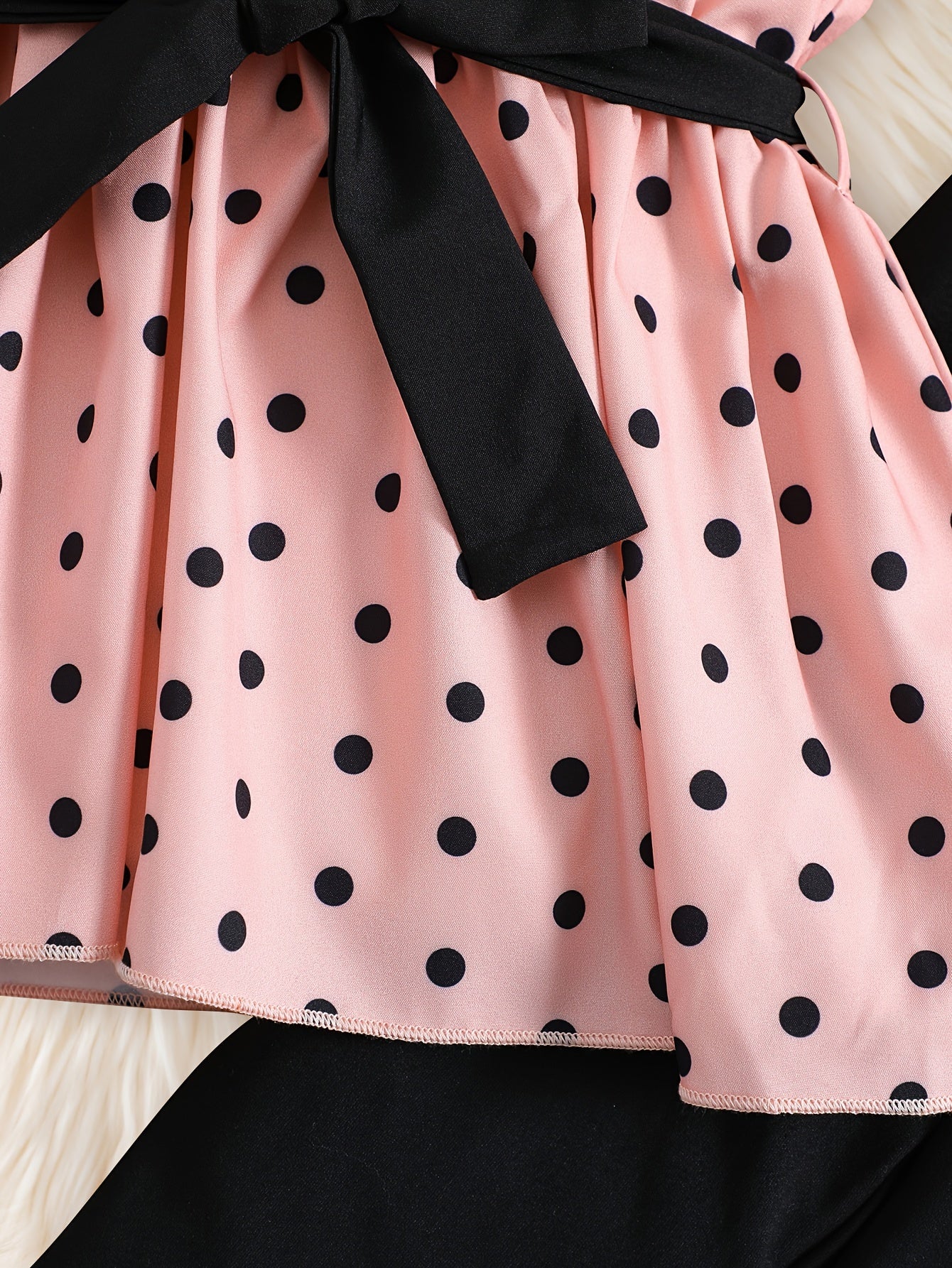 Pink Polka Dot Puff Sleeve Top with Bow Belt & Black Elastic Waist Long Pants