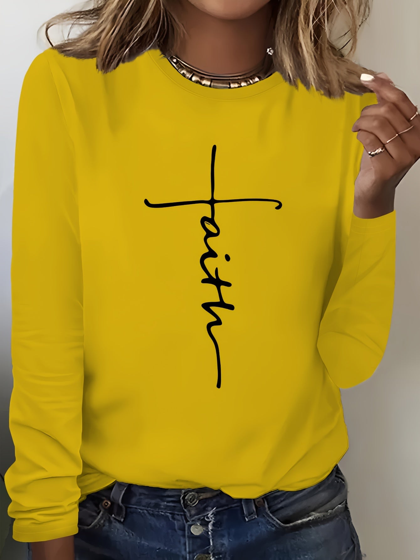 Faith Print Long Sleeve Crew Neck T-Shirt