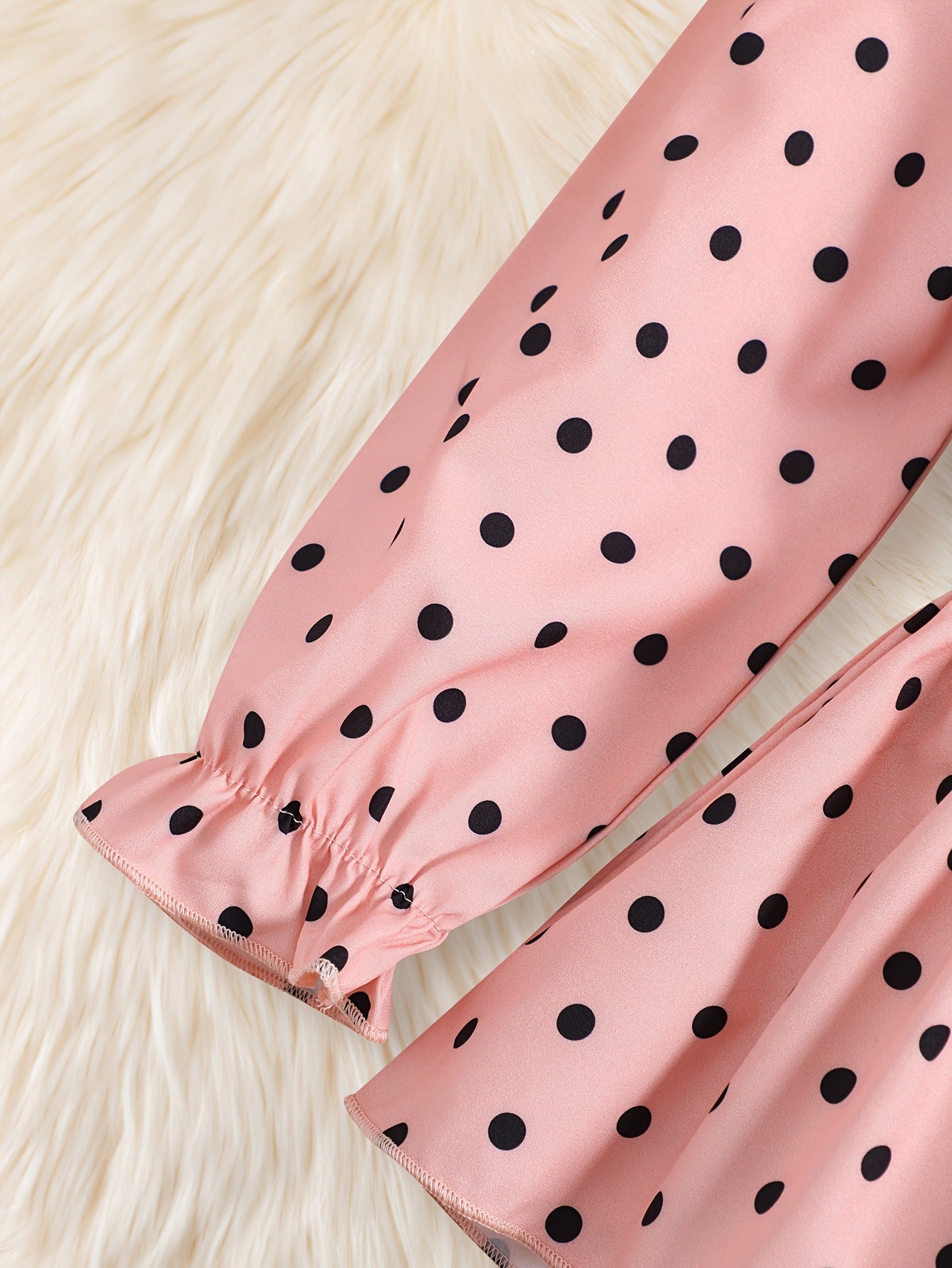 Pink Polka Dot Puff Sleeve Top with Bow Belt & Black Elastic Waist Long Pants