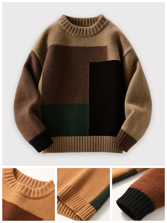 Boys' Cozy Fleece-Lined Knit Sweater - Color Block, Long Sleeve Pullover for Fall/Winter