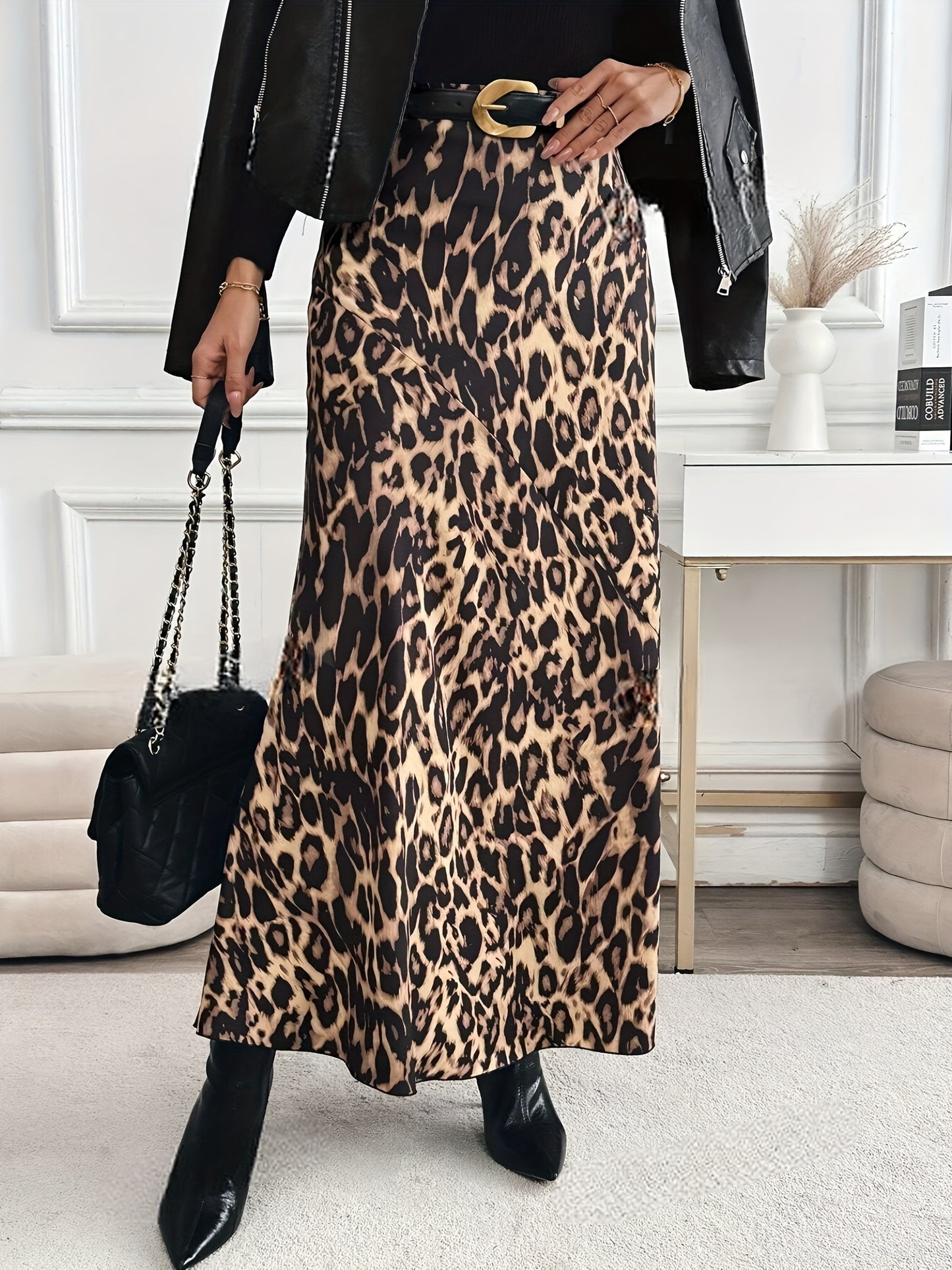 Elegant Leopard Print Midi Skirt for Women - High Waist