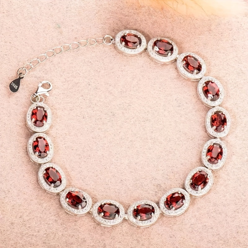 One Silver Simple Garnet Red Natural Stone Bracelet