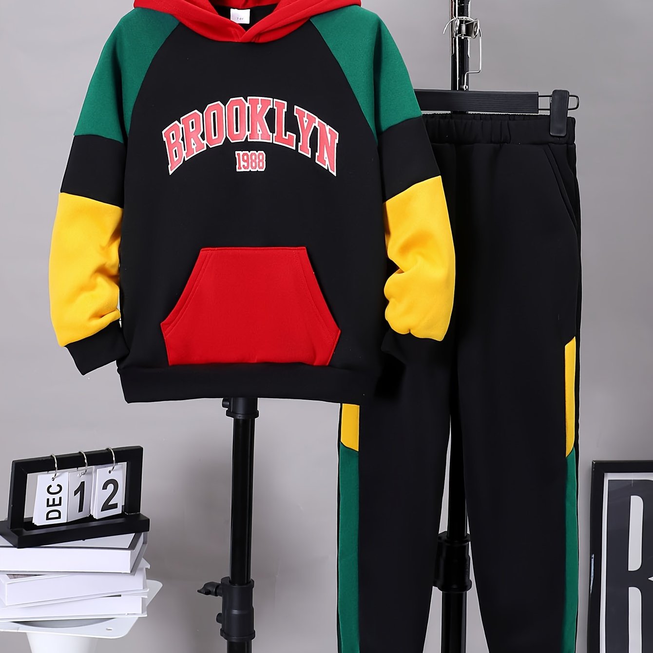 2pcs Comfy Long Sleeve Color Block Hoodie & Sweatpants