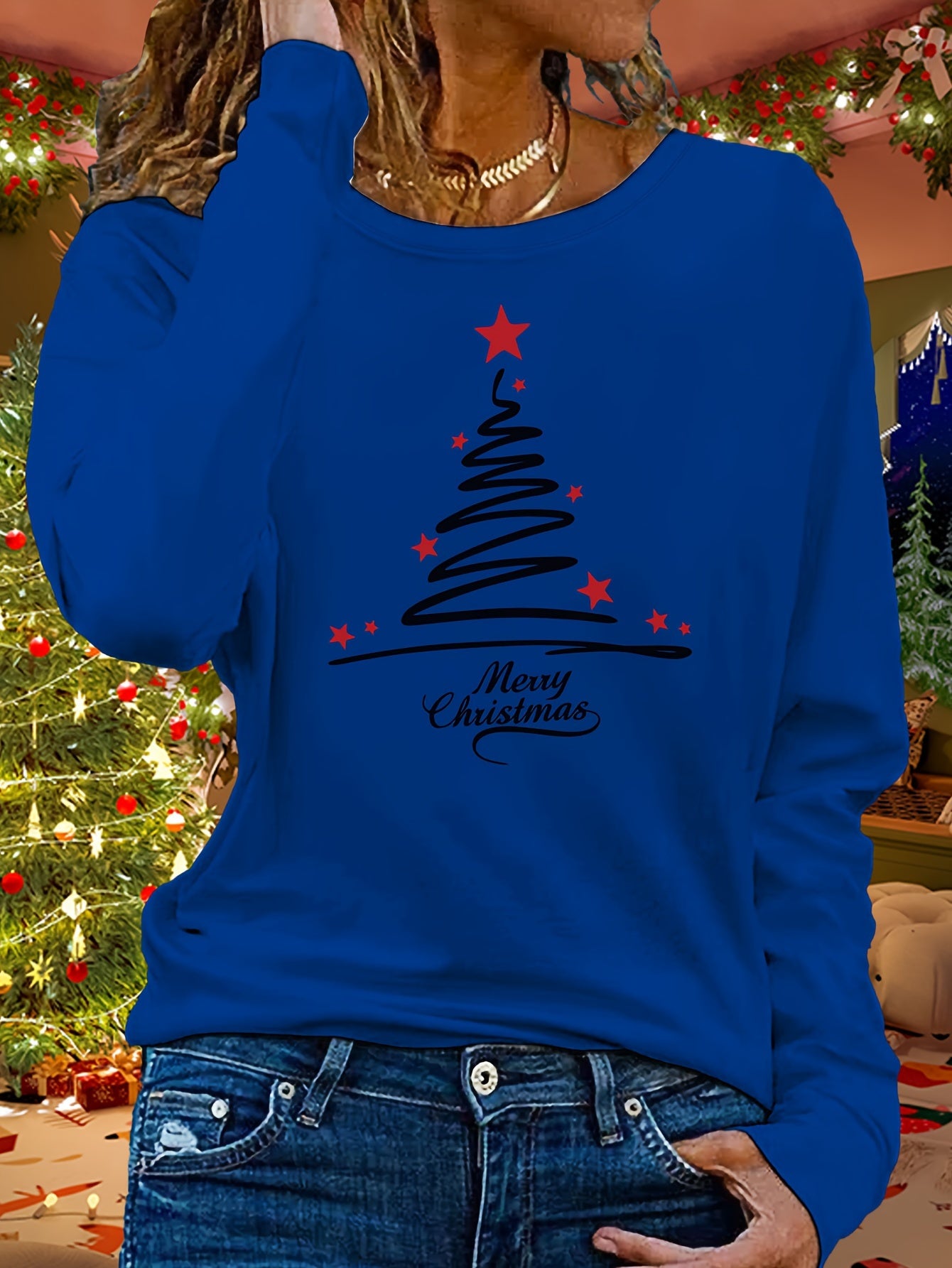 Women's Long Sleeve Christmas Tree Design Casual Top