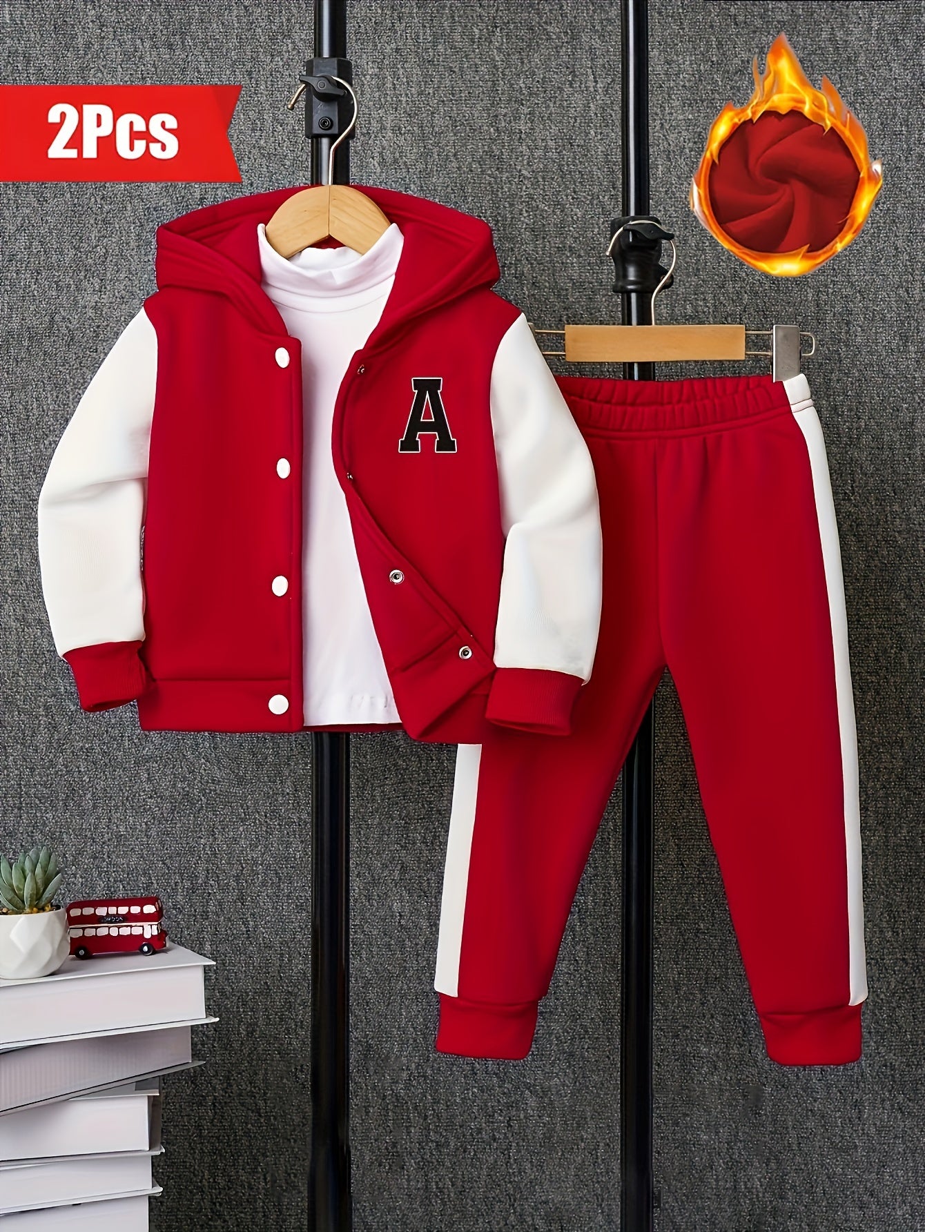 Boys Color Block Long Sleeve Drop Shoulder Varsity Hooded Baseball Jacket & Casual Pants