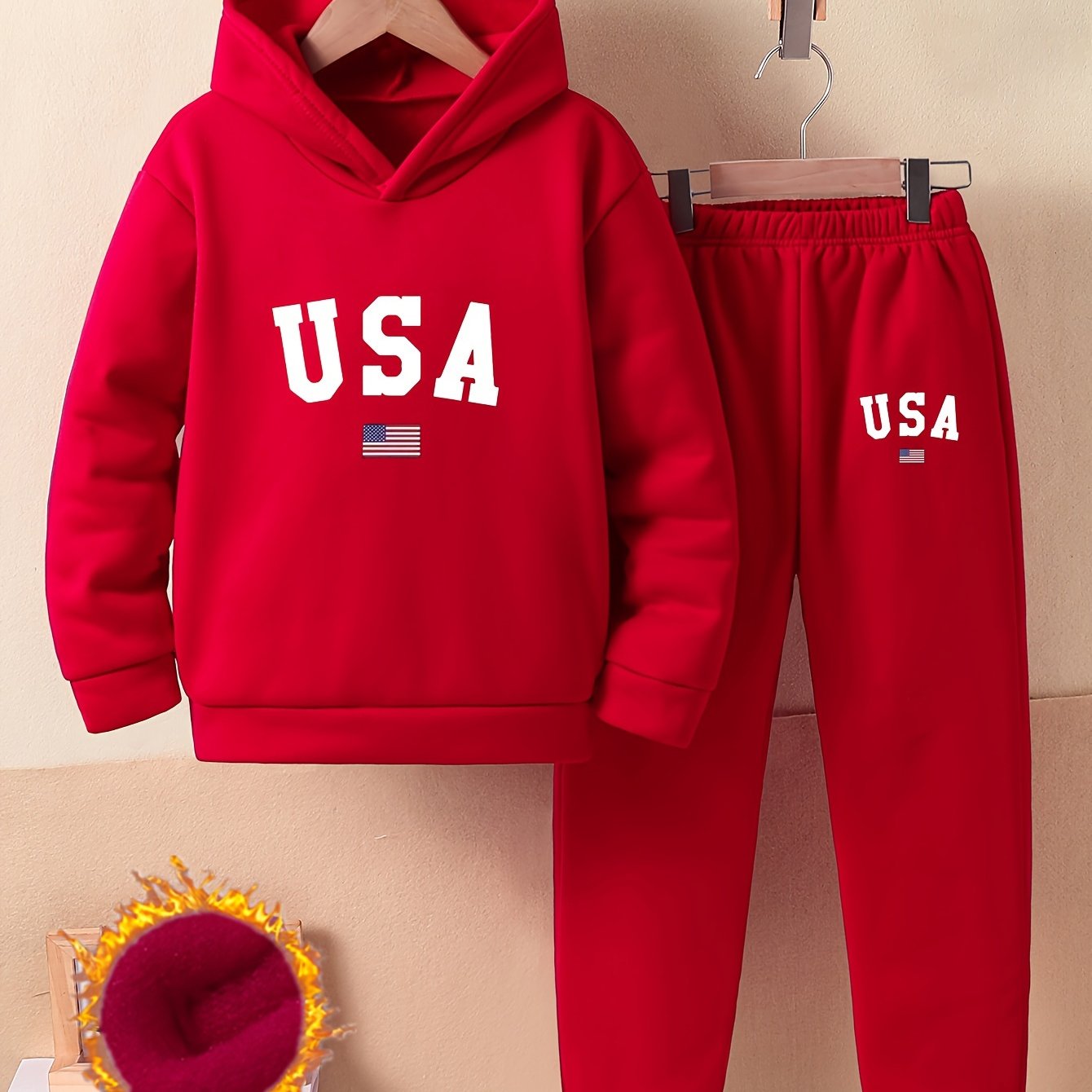 Cozy Fleece-Lined Hoodie & Joggers Set for Girls - USA Letter Print