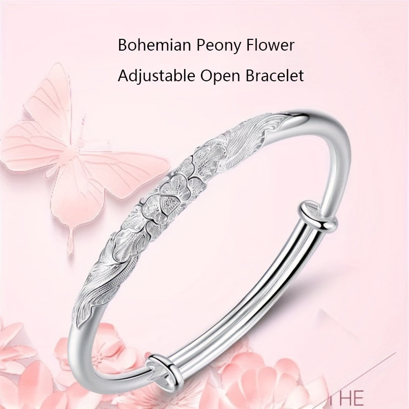 Silver Bohemian Peony Flower Adjustable Open Bracelet