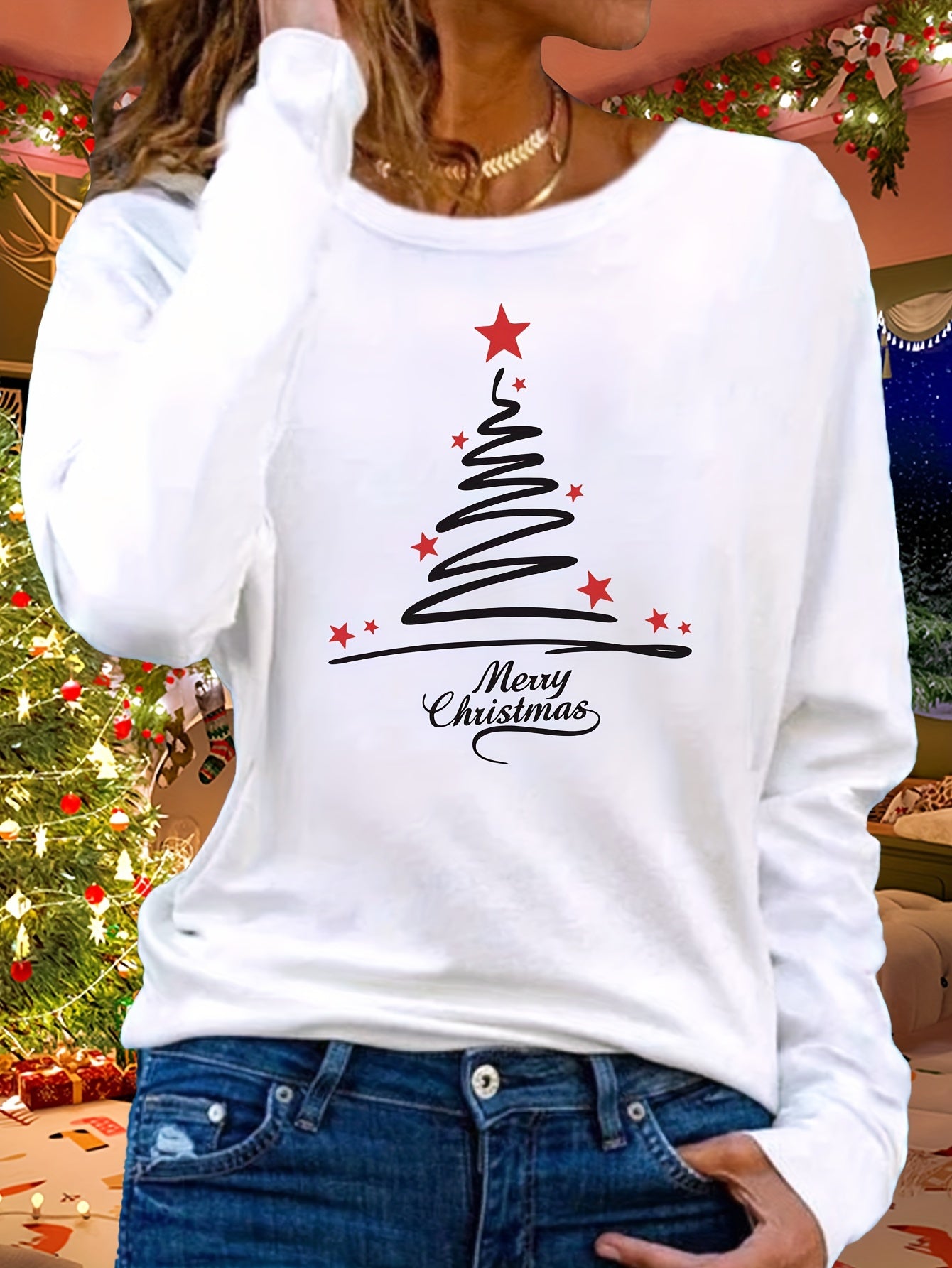 Women's Long Sleeve Christmas Tree Design Casual Top