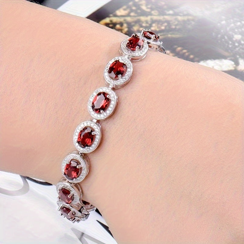 One Silver Simple Garnet Red Natural Stone Bracelet