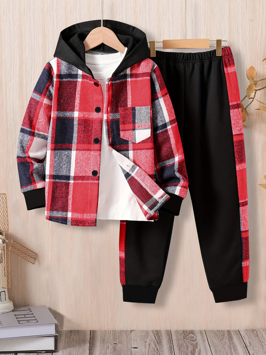 Preppy Style Plaid Hooded Jacket and Sports Pants Set