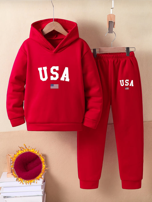 Cozy Fleece-Lined Hoodie & Joggers Set for Girls - USA Letter Print