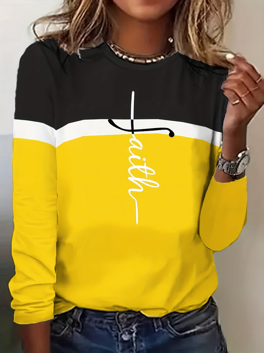 Faith Print Colorblock Crew Neck T-Shirt