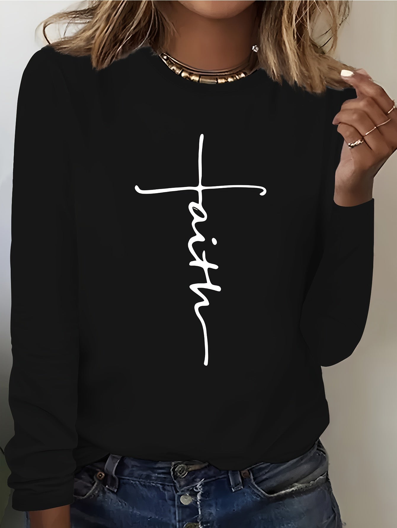 Faith Print Long Sleeve Crew Neck T-Shirt