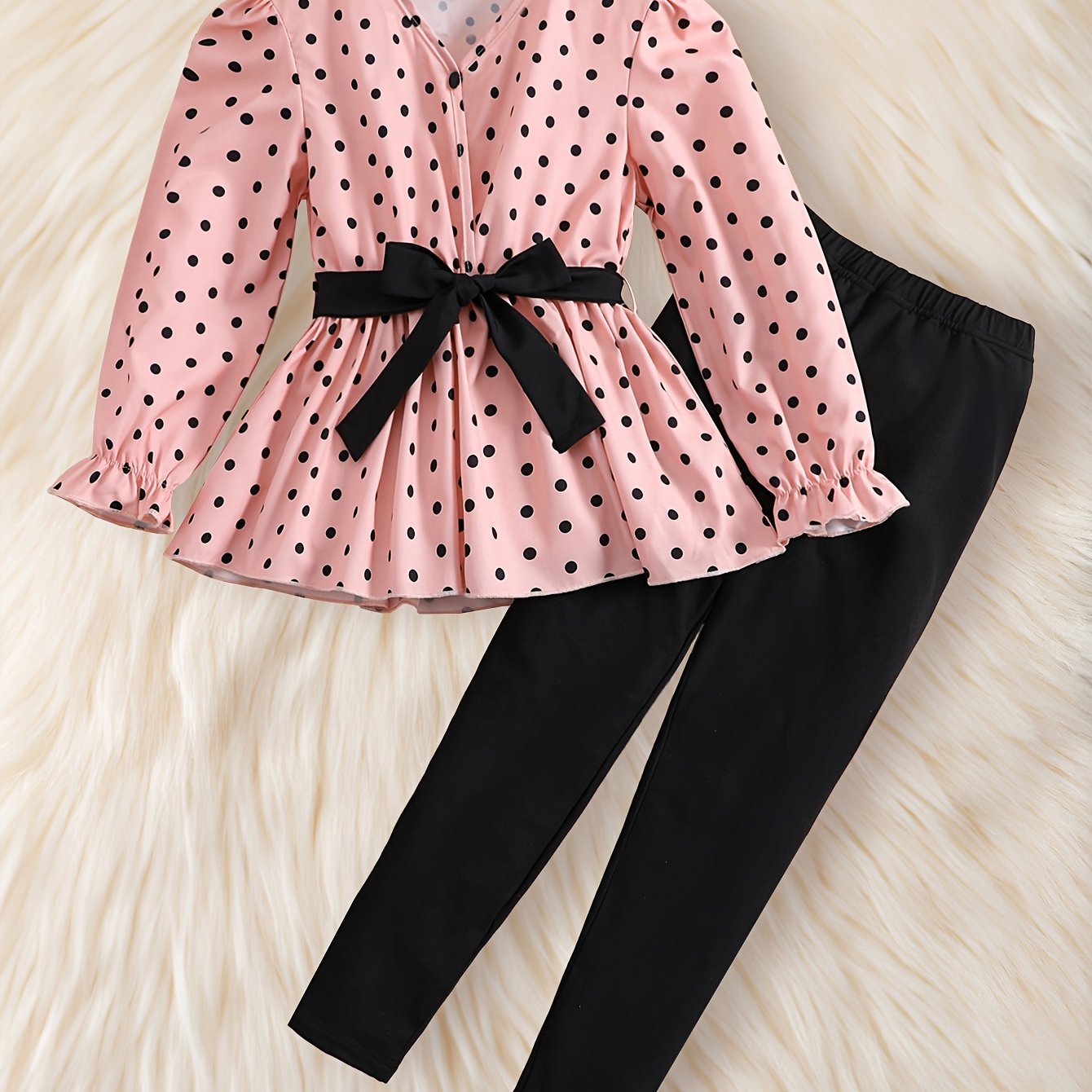 Pink Polka Dot Puff Sleeve Top with Bow Belt & Black Elastic Waist Long Pants